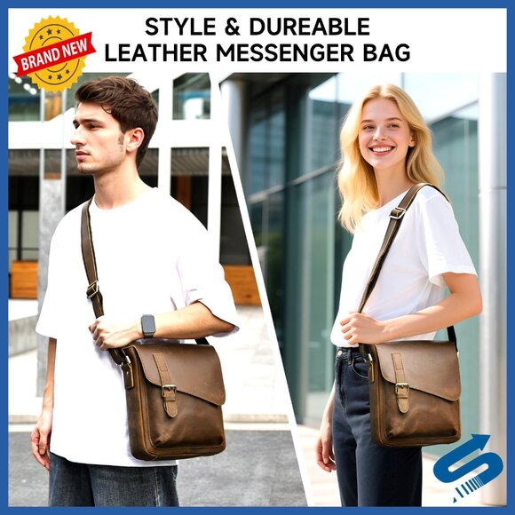 Genuine Leather Messenger Bag Vintage Crossbody Shoulder Bag Daypack Purse - Picture 2 of 2